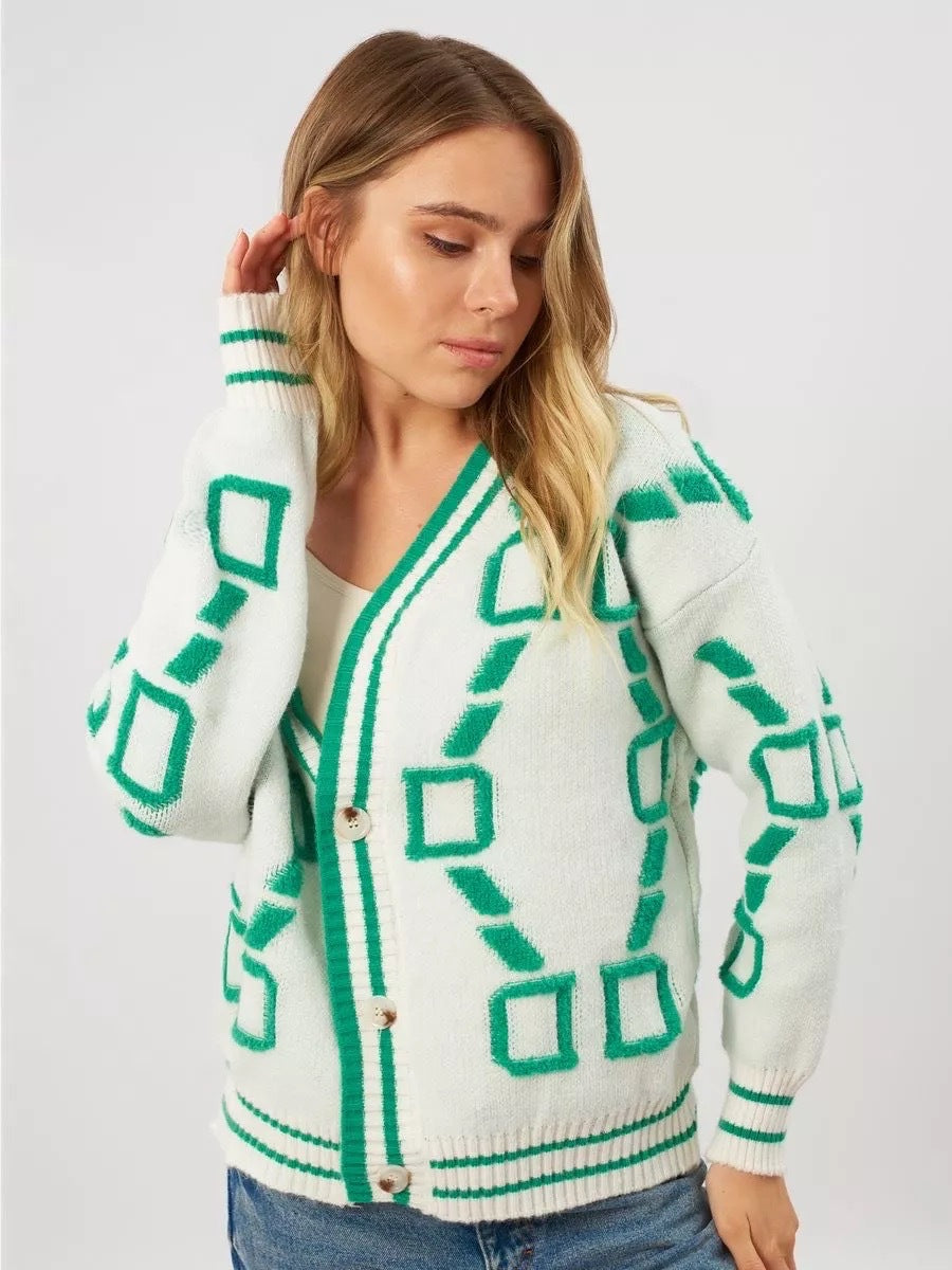 Damen modische Strickjacke mit geometrischem Muster und Knopfleiste Drune