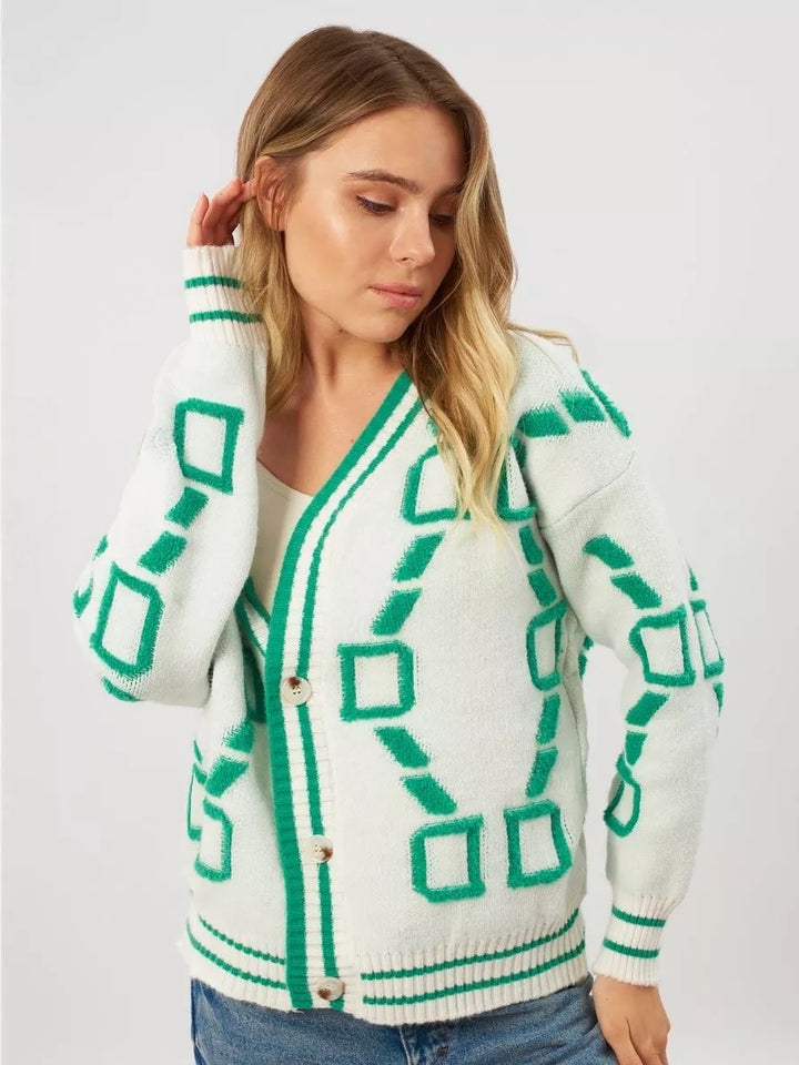 Damen modische Strickjacke mit geometrischem Muster und Knopfleiste Drune