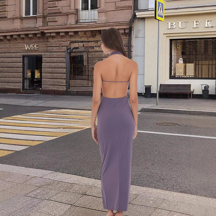 Damen Langarm-Elegant Kleid mit tiefem V-Ausschnitt und fließendem Saum Drune