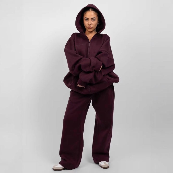 Damen sportliches Fleece-Hoodie-Set mit Reißverschluss und weiten Hosen Drune