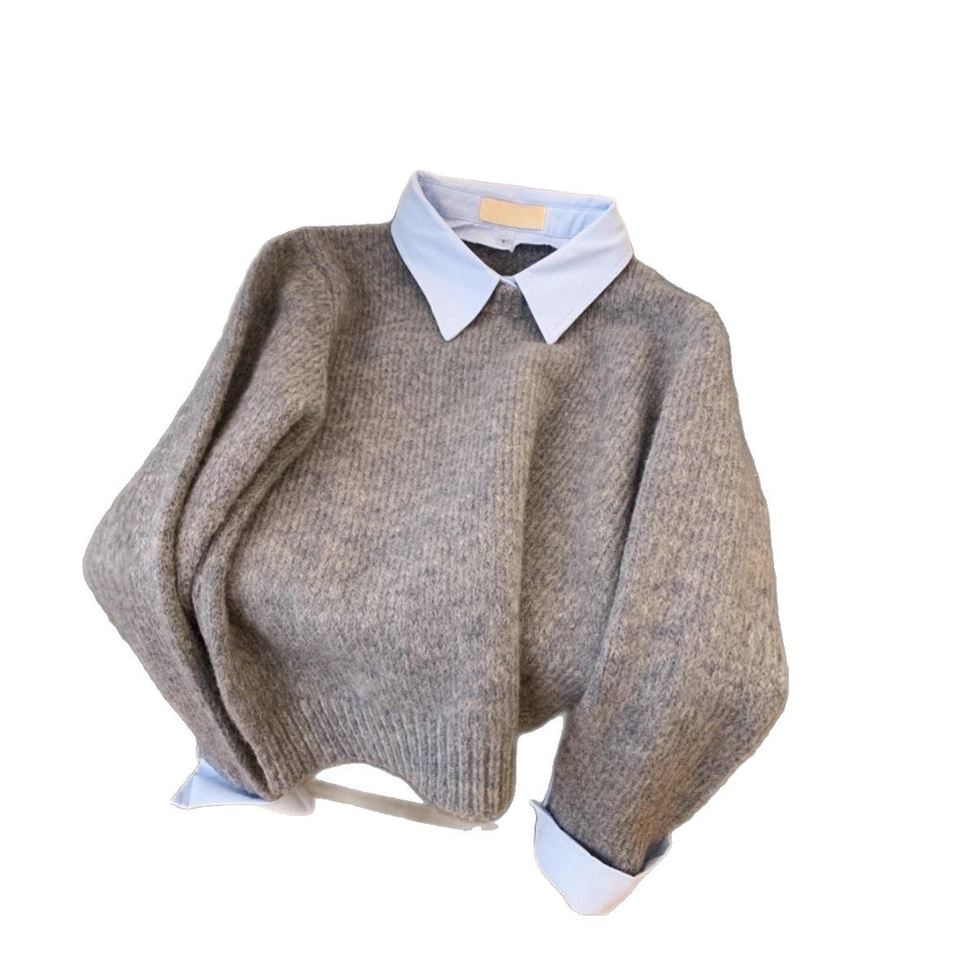 Damen stilvoller Pullover mit integrierter Hemdkragen-Kombination Drune