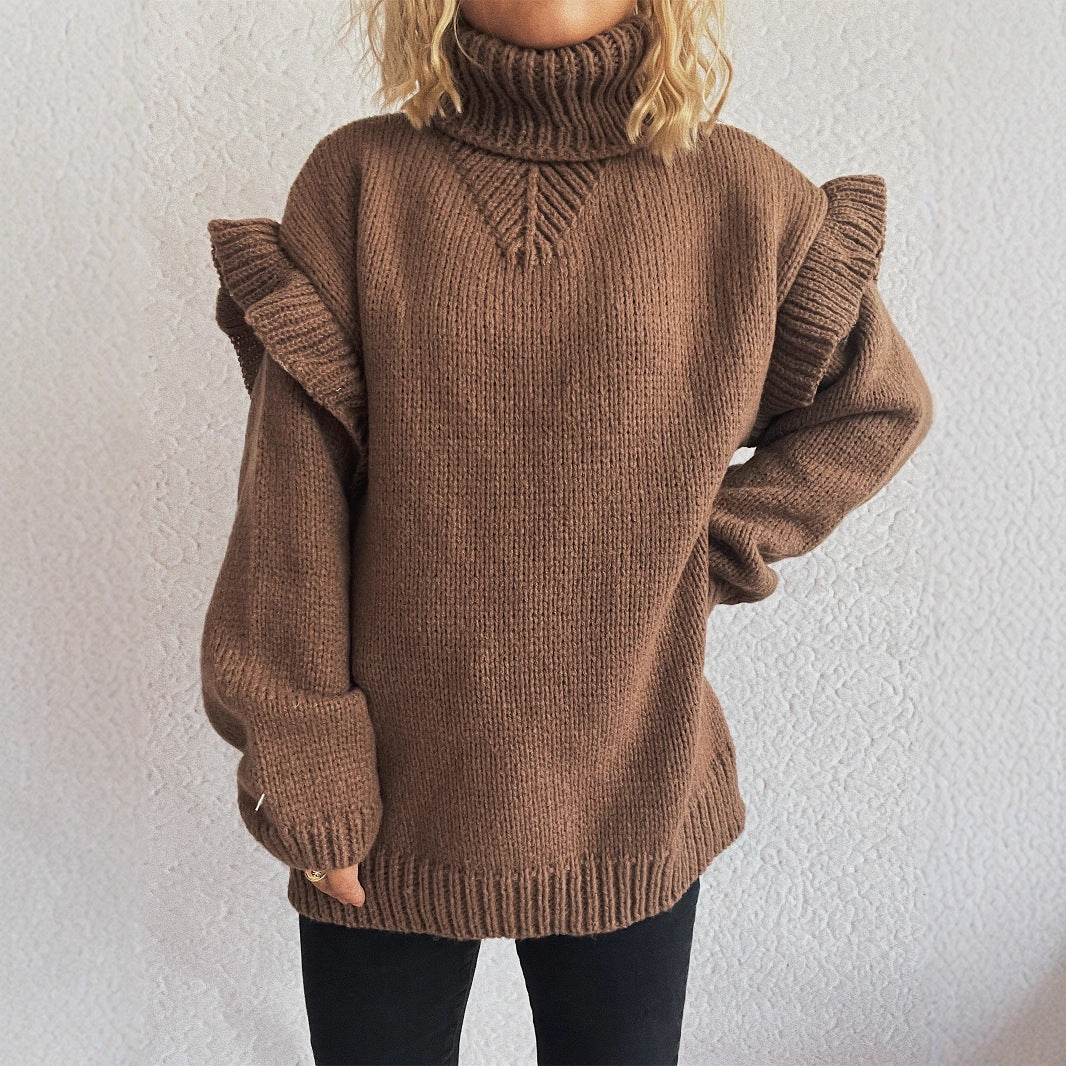 Damen kuscheliger Strickpullover mit Rüschenärmeln und hohem Kragen Drune