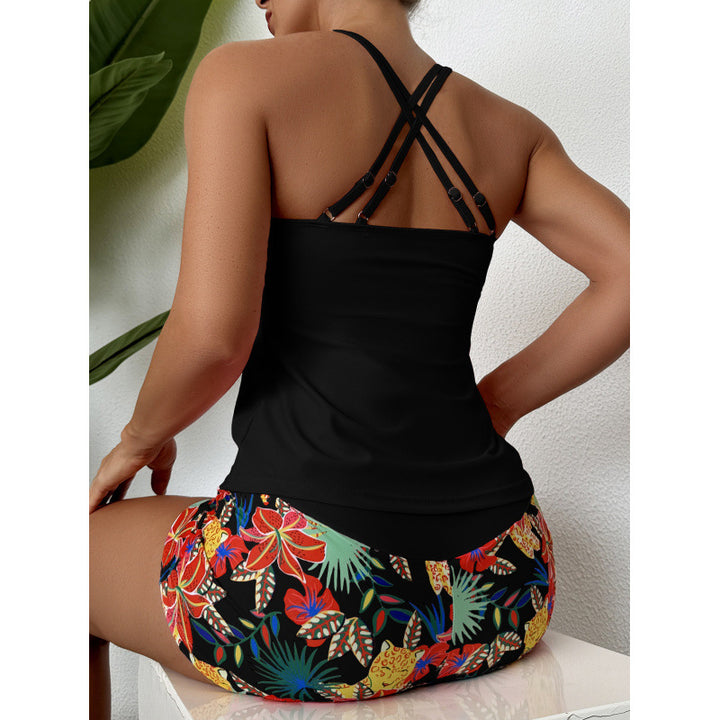 Damen Sportliches Badeanzug-Set mit Cross-Back-Design und Blumenmuster Drune