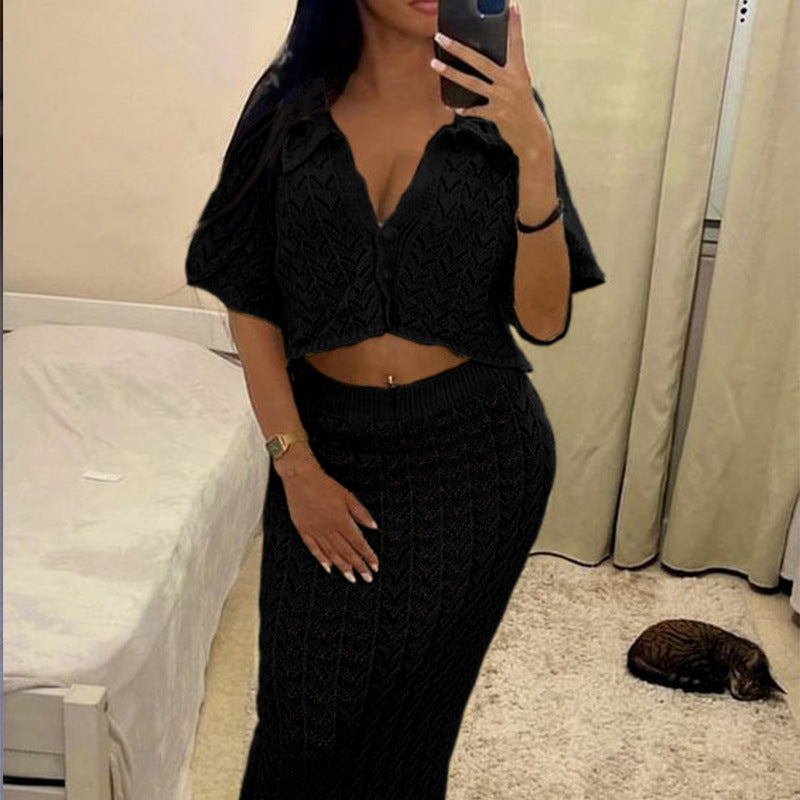 Damen Strick-Kleid mit hohen Seitenschlitzen und modischem Lochmuster Drune