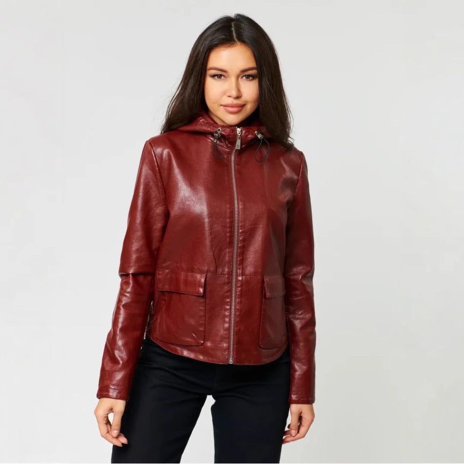 Damen Kunstlederjacke mit angeschnittenem Hoodie und praktischen Taschen Drune