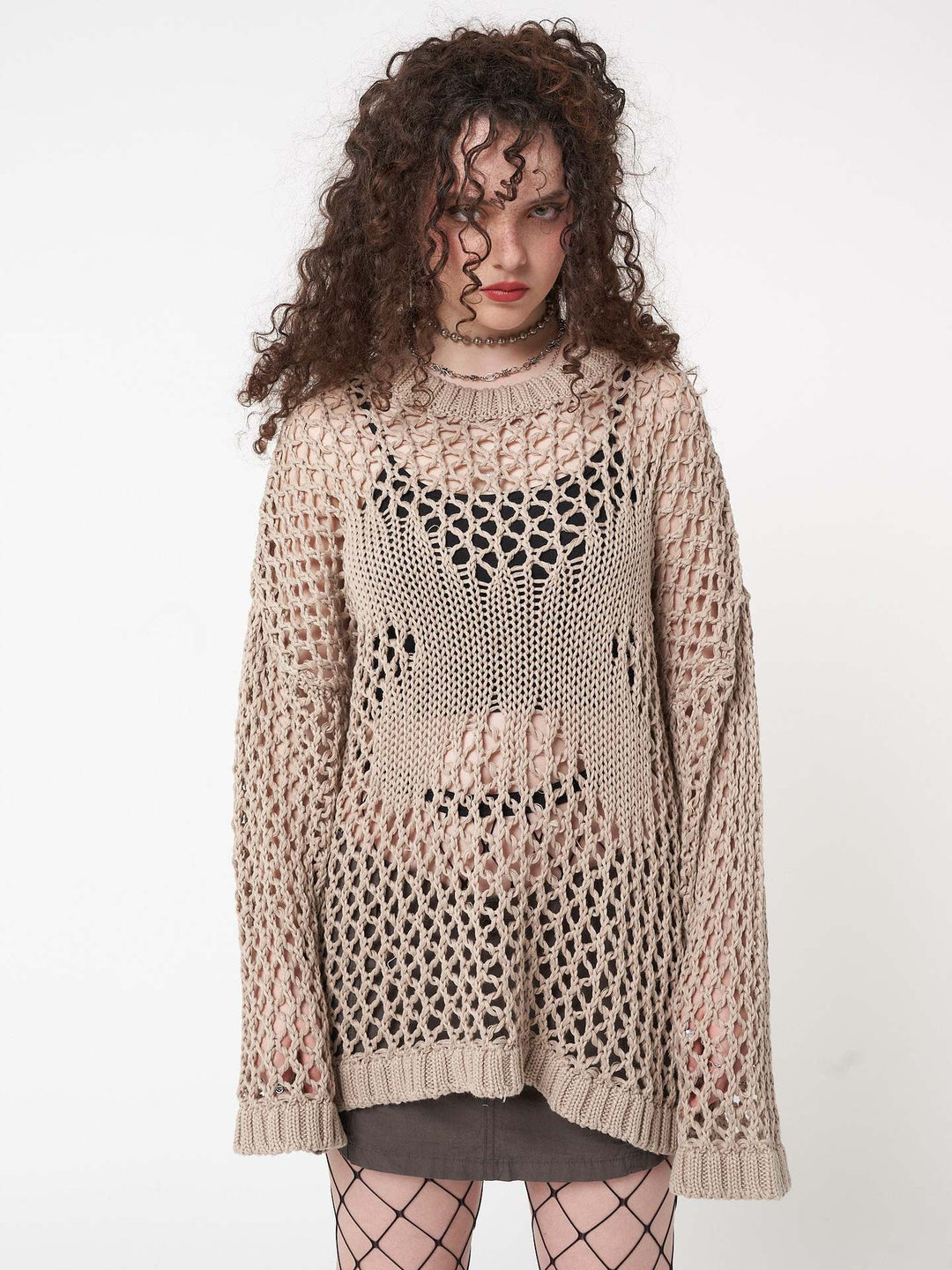 Damen luftiges Strick-Strandkleid mit transparentem Design und langen Ärmeln Drune