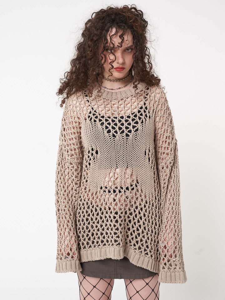 Damen luftiges Strick-Strandkleid mit transparentem Design und langen Ärmeln Drune