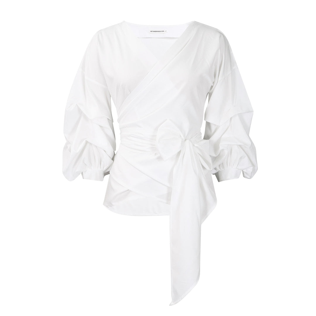 Damen Wickelbluse mit voluminösen Ärmeln und eleganter Schleifenbindung Drune