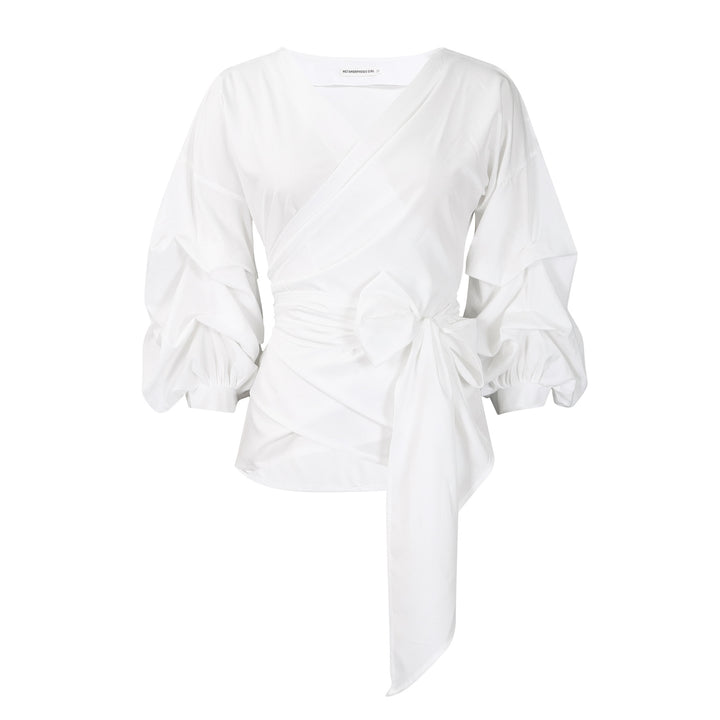 Damen Wickelbluse mit voluminösen Ärmeln und eleganter Schleifenbindung Drune