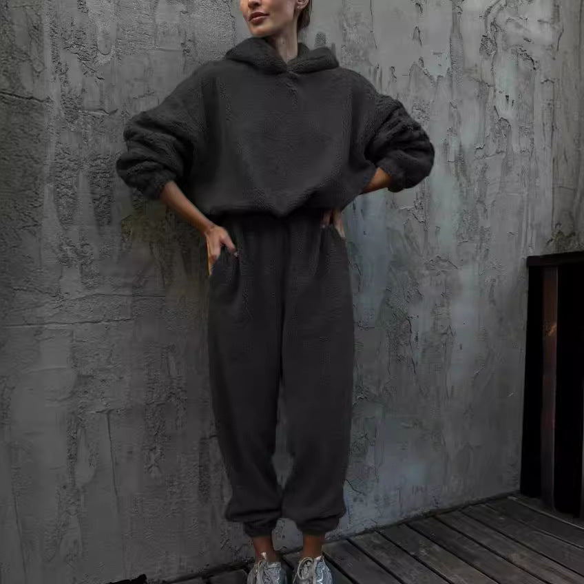 Damen Flauschiger Jumpsuit mit Kapuze und Gummizug Drune