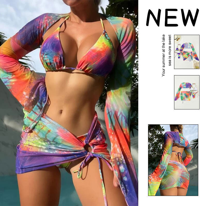 Damen Triangel-Bikini mit transparentem Wickelrock und langen Ärmeln Drune