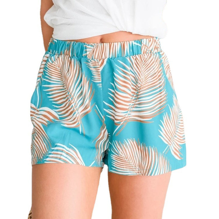 Damen luftige Strandshorts mit elastischem Bund und tropischem Blätterdesign Drune