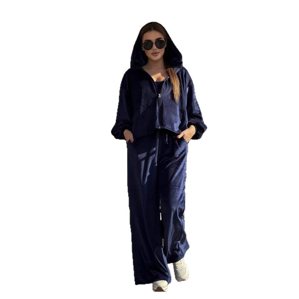 Damen Sportliches Velvet Loungewear-Set mit Hoodiefunktion Drune