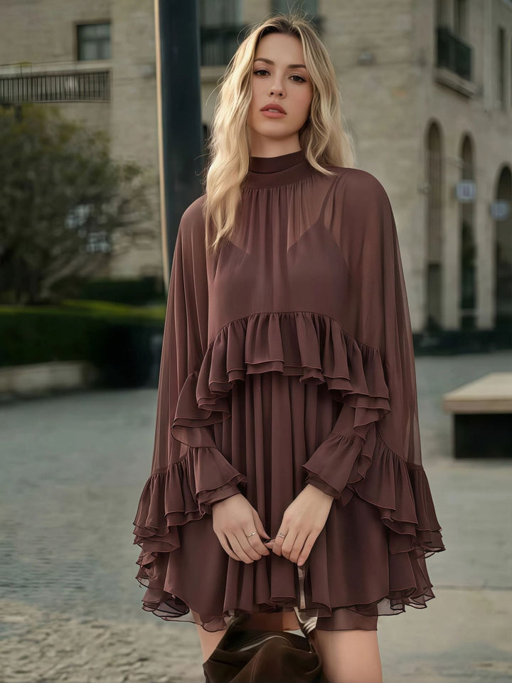 Damen Elegantes Rüschendress mit hochgeschlossenem Ausschnitt und fließendem Schnitt Drune
