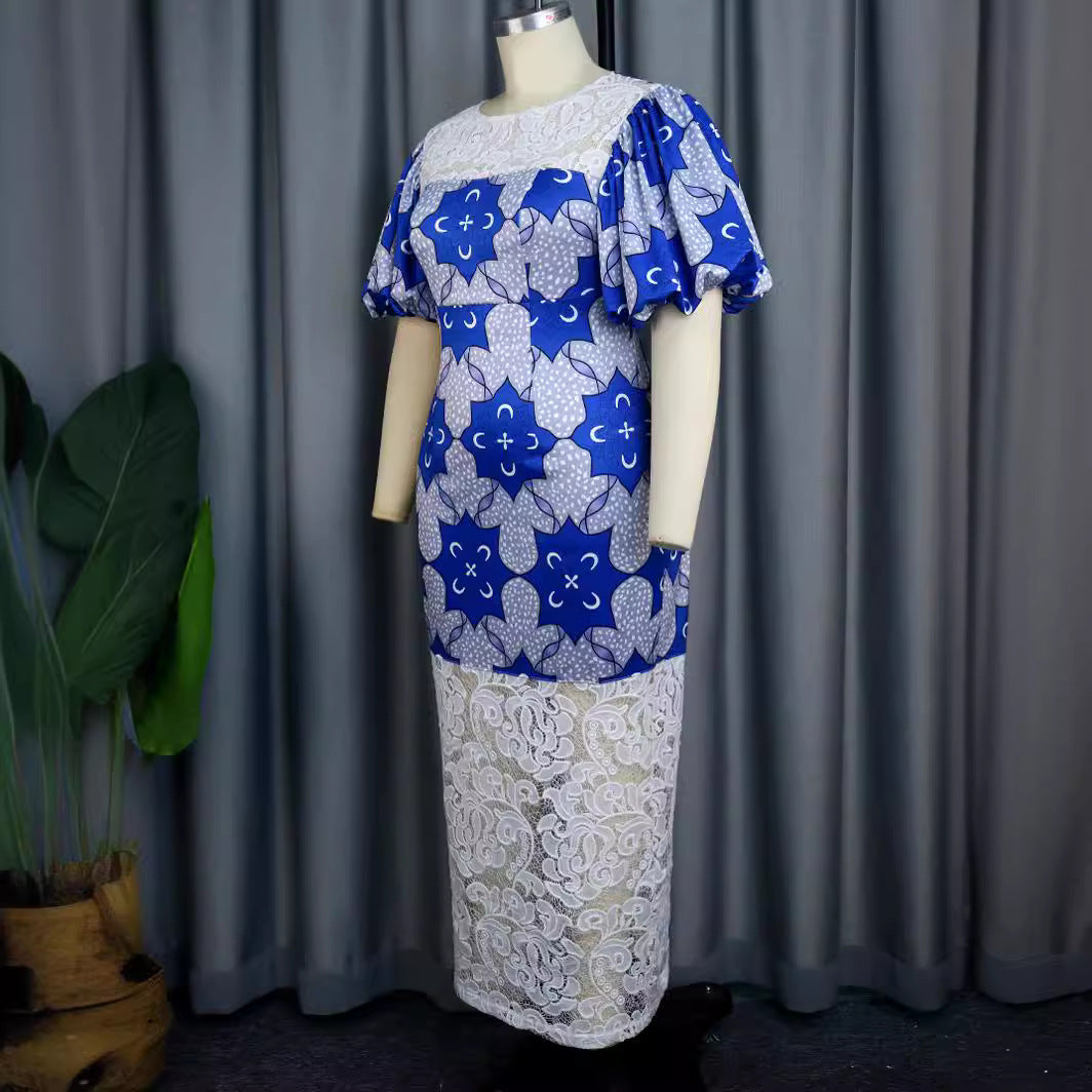 Damen Elegantes Midi-Langarmkleid mit floralem Muster und Puffärmeln Drune