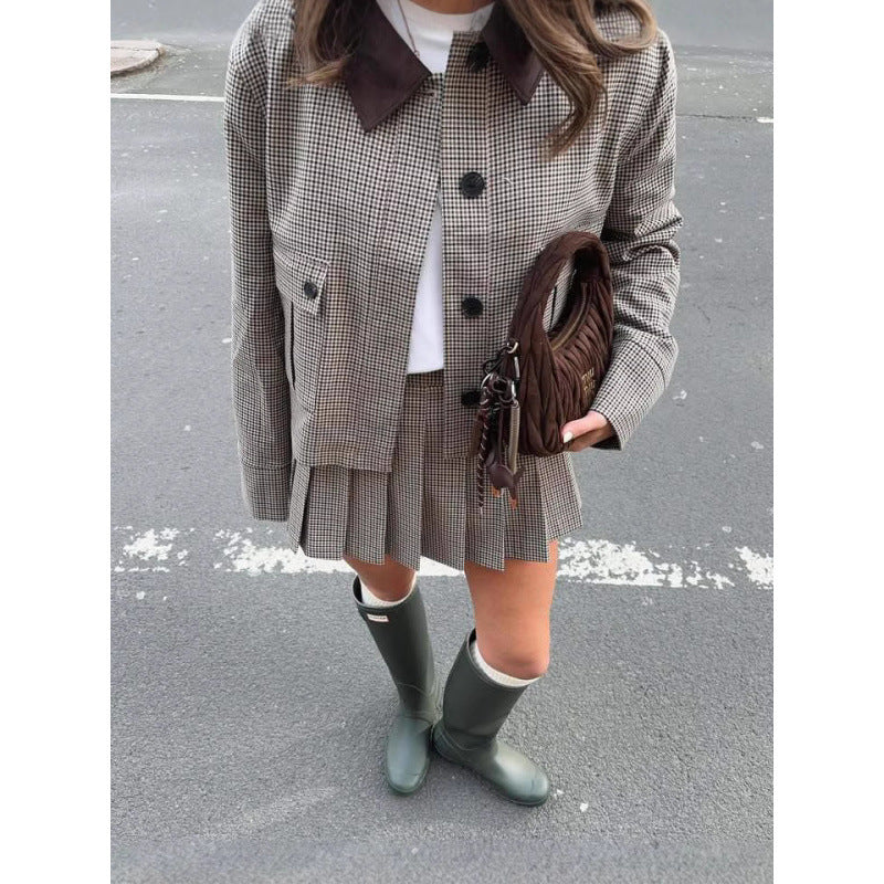 Damen Karierte Blazerjacke mit tailliertem Schnitt und eleganten Details Drune