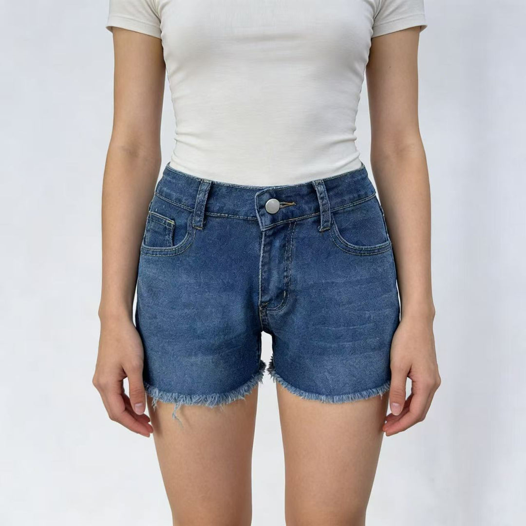 Damen lässige Jeansshorts mit ausgefranster Saumkante und hohem Bund Drune