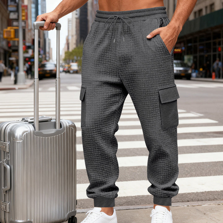 Herren nan Waffelstruktur Cargohose im Joggingstil mit Klappentaschen und elastischem Bund Drune