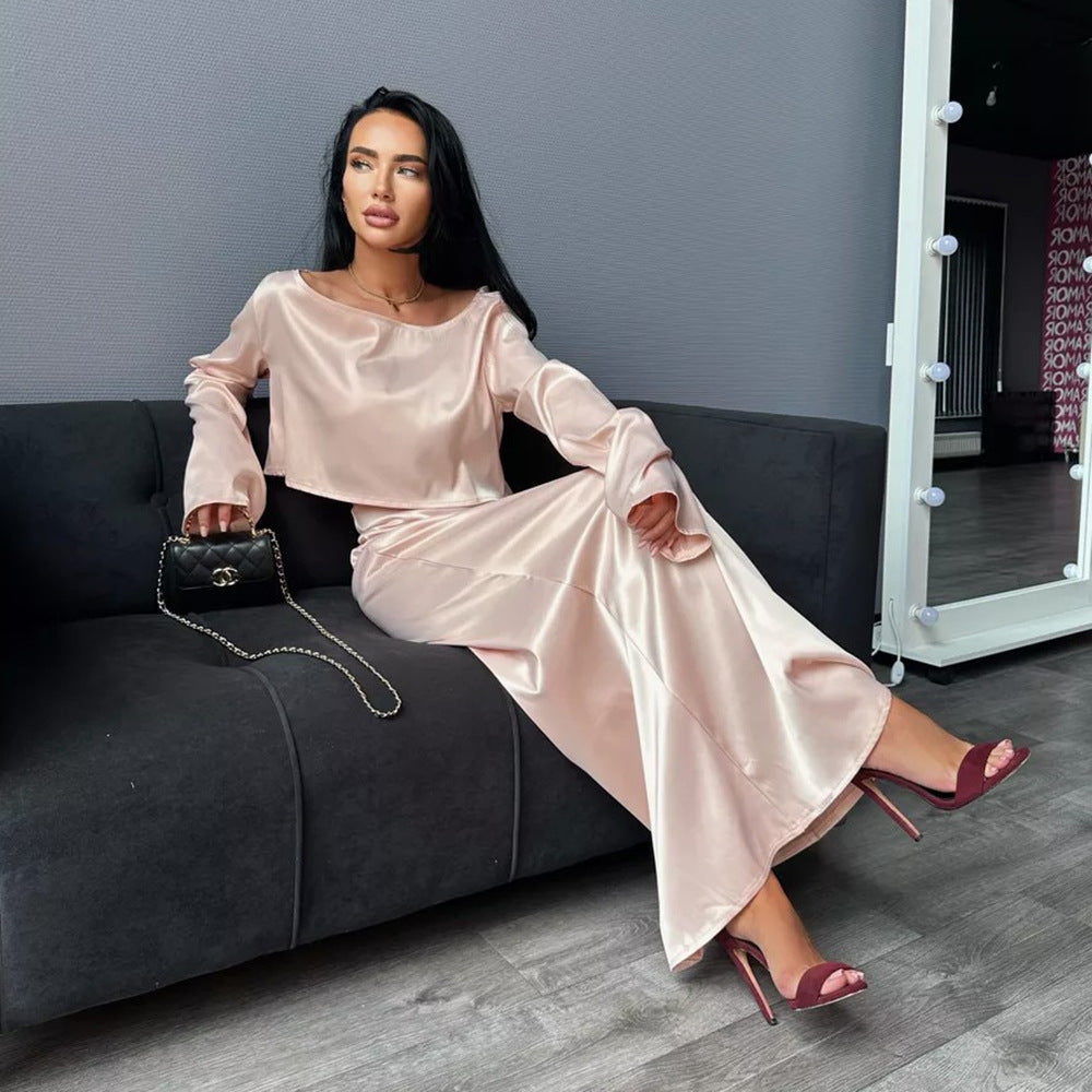 Damen Elegantes Satin-Maxikleid mit schlichten KNopfdetails Drune