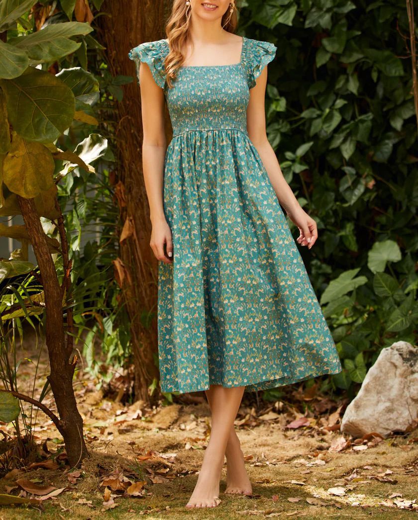 Damen Maxikleid mit tailliertem Schnitt und romantischen Rüschendetails Drune