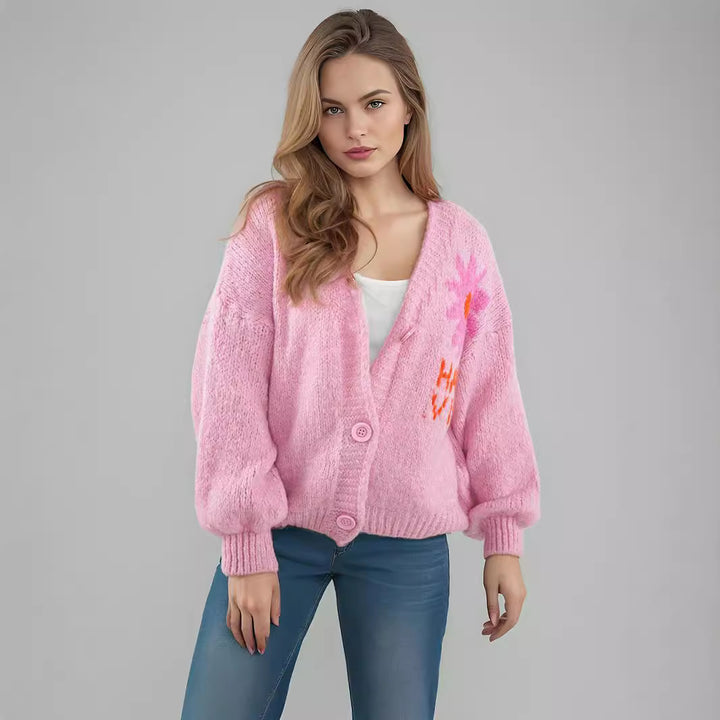 Damen gemütlicher Strickcardigan mit floralem Design und modernen Knopfdetails Drune