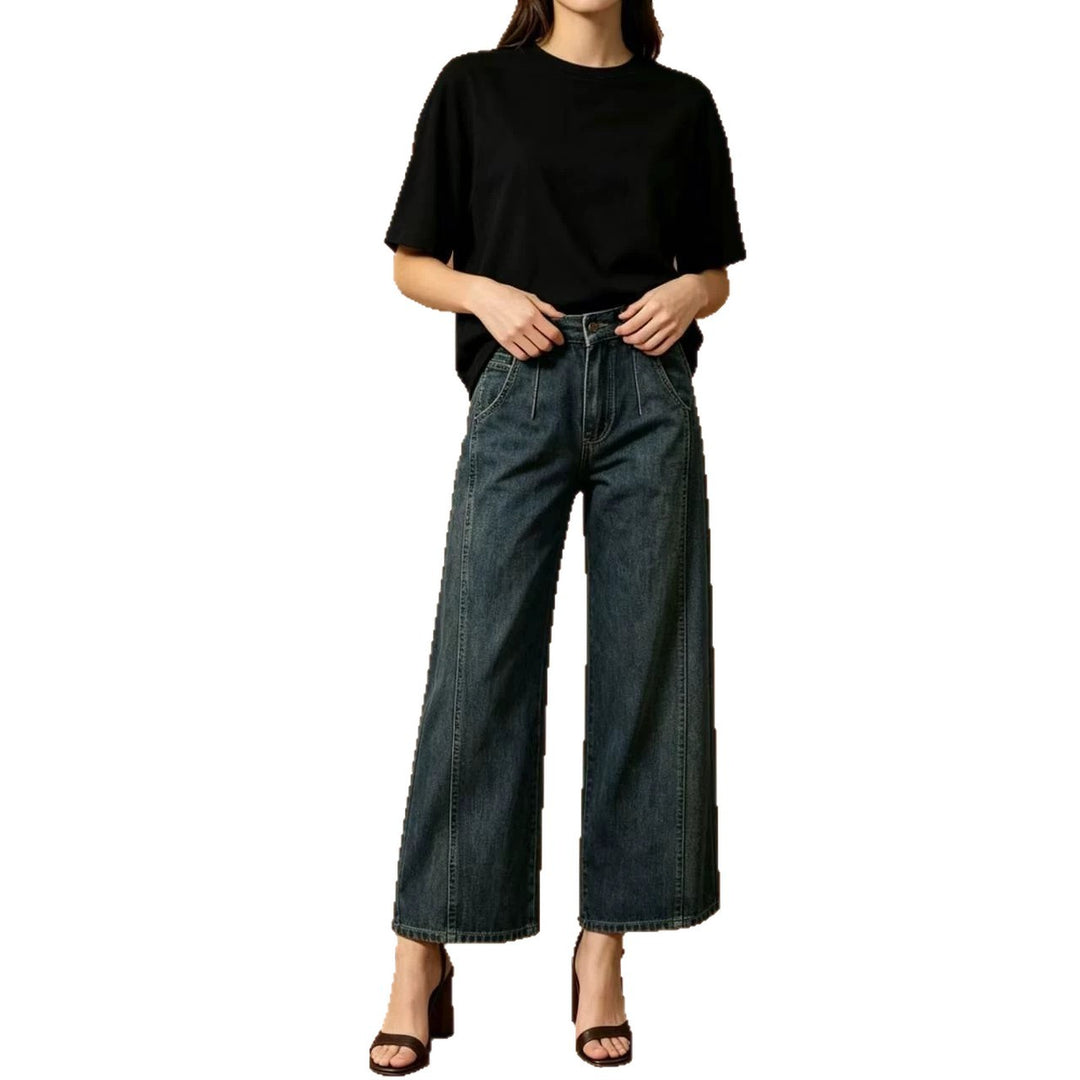 Damen nan hohe Taille Plissée Wide-Leg-Denimhose mit verkürztem Bein und dekorativen Vorderfalten Drune