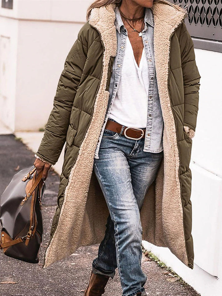 Damen Lange Steppjacke mit kuscheligem Innenfutter und Kapuze Drune