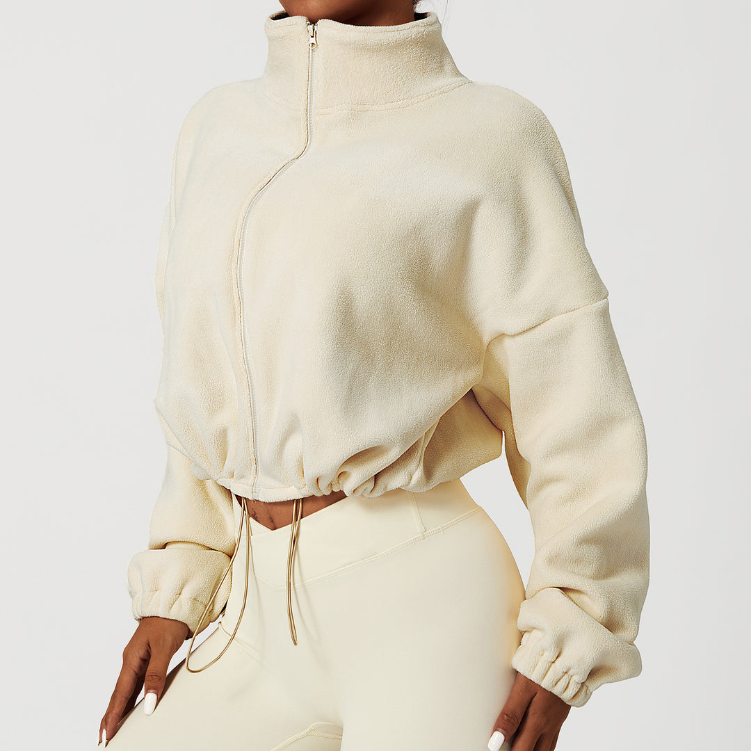 Damen kürzerer Fleece-Pullover mit hohem Kragen und Kordelzug Drune