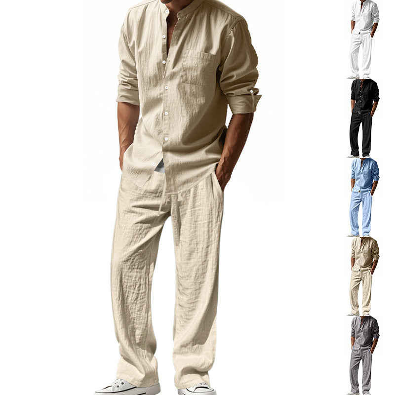 Herren nan legeres Leinen-Relax-Set mit Stehkragen-Hemd und weitem Kordelbund-Hose Drune