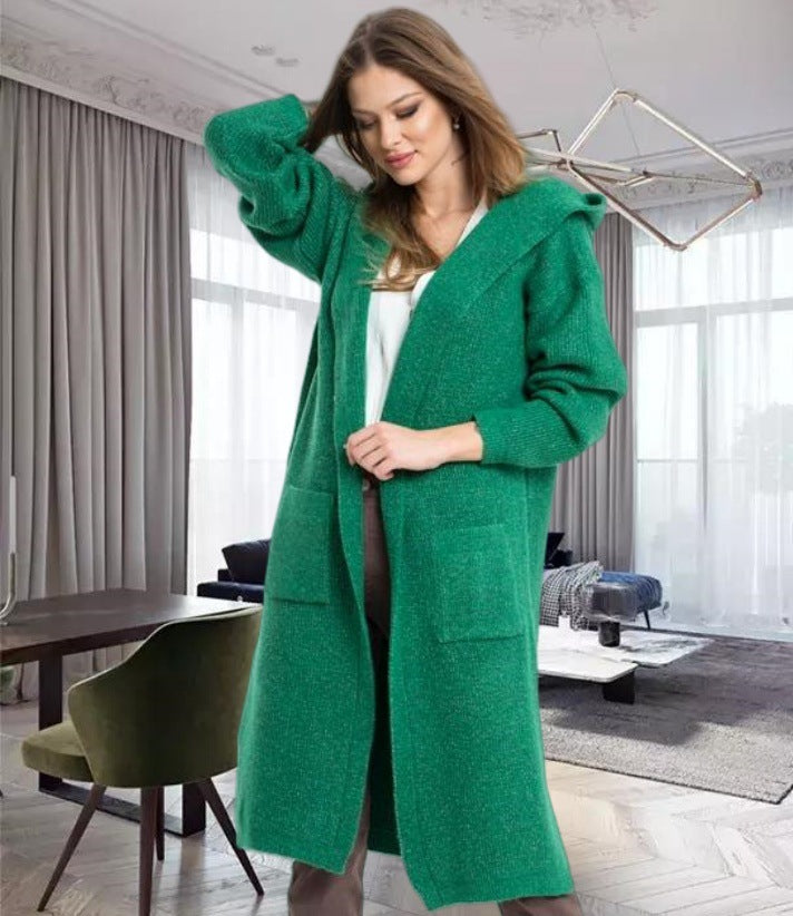 Damen Strickmantel mit Kapuze und großen Taschen Drune