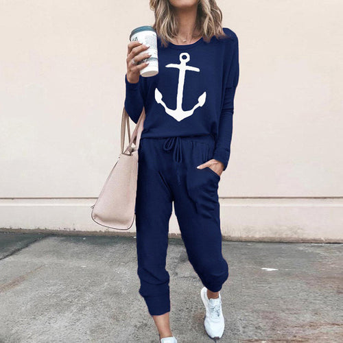 Damen lässiger Jumpsuit mit maritimem Anker-Print und praktischen Taschen Drune