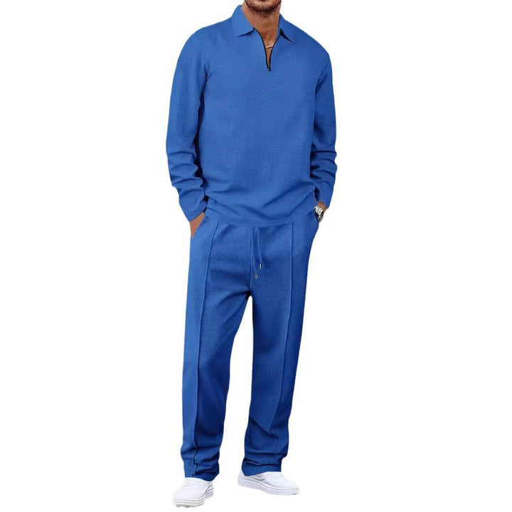 Herren nan Waffelstruktur-Wohn- und Freizeit-Set mit Halbzip-Polokragen und Kordelbund Drune