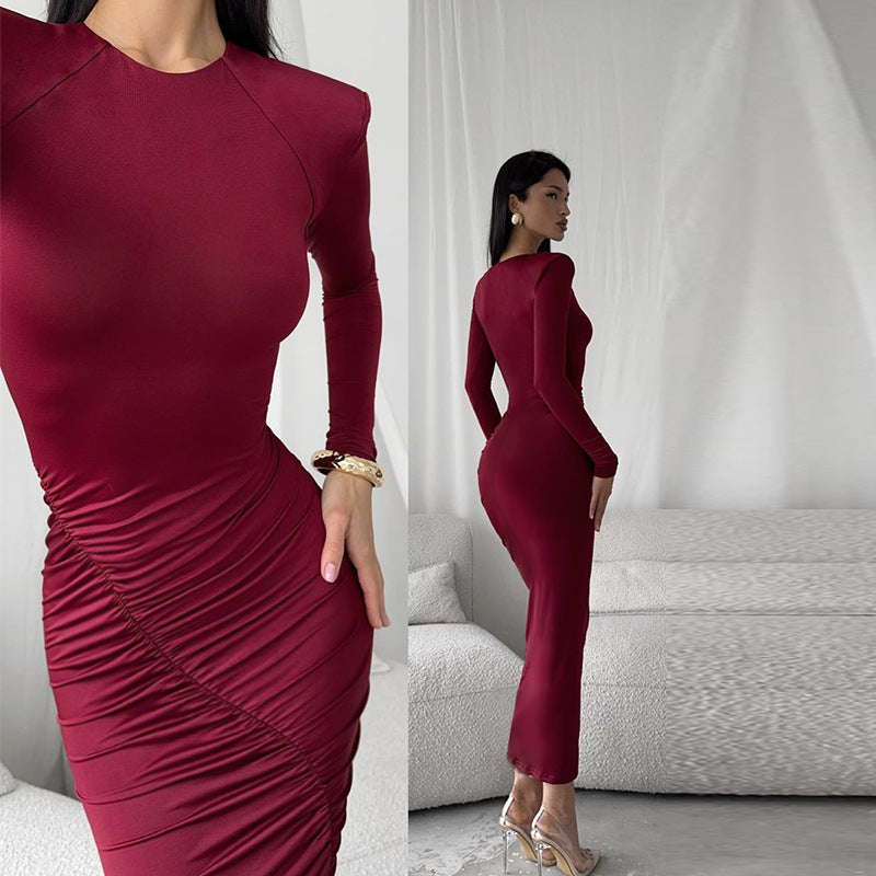 Damen Langarm-Raffkleid mit elegantem Schnitt und figurformenden Details Drune