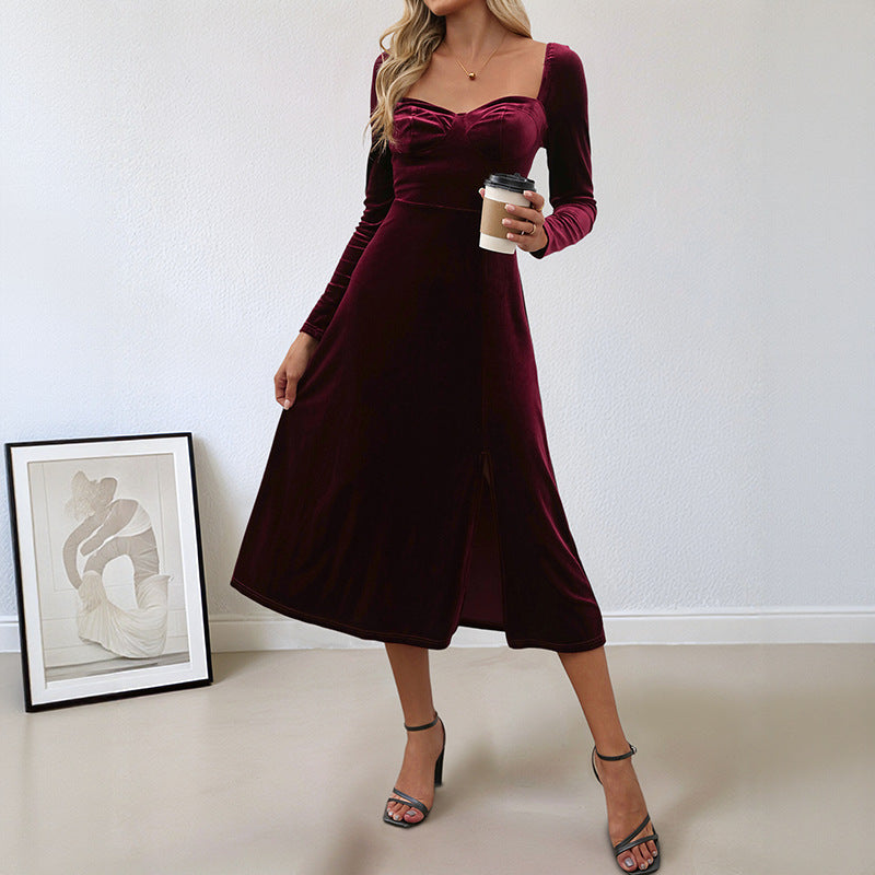 Damen elegantes Maxikleid mit raffiniertem V-Ausschnitt und langer Armel Drune