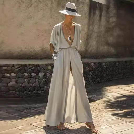 Damen Maxikleid mit tiefem V-Ausschnitt und hautfreundlichem Material Drune