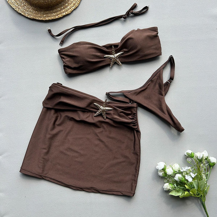 Damen Bandeau-Bikini-Set mit schicker Rüschenverzierung und modischem Rock Drune