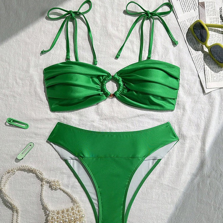 Damen Bandeau-Bikini mit dekorativem Raffung und Ringelement Drune