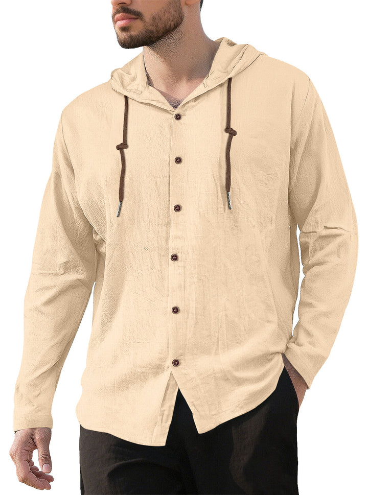Herren nan Kapuzenhemd im Leinen-Look mit durchgehender Knopfleiste und Kordelzug Drune