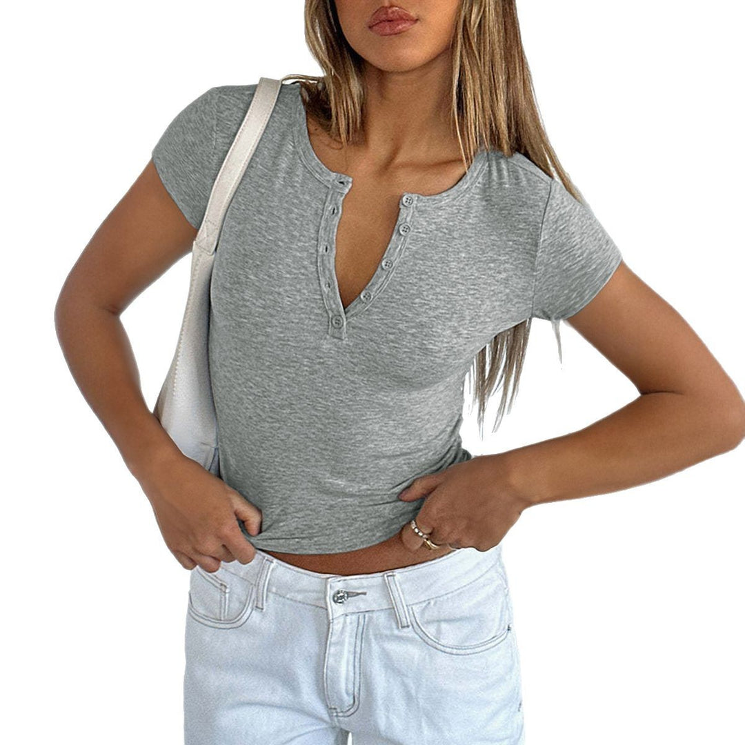 Damen figurbetontes Cropped T-Shirt mit kurzem Arm und Knopfleiste Drune