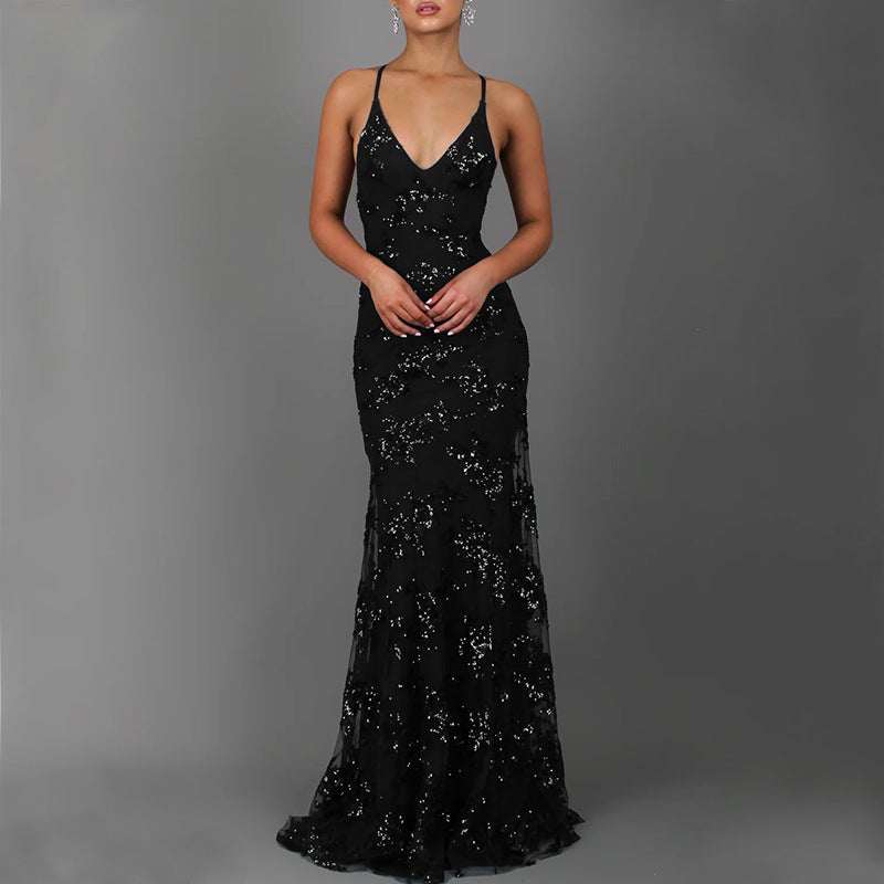 Damen Glamouröses langes Abendkleid mit Pailletten und tiefem V-Ausschnitt Drune