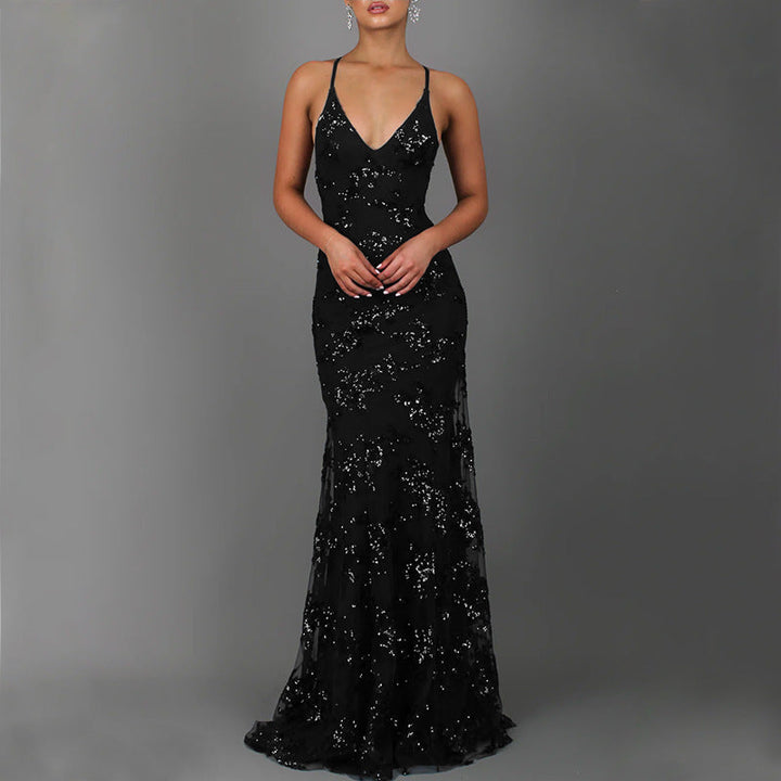 Damen Glamouröses langes Abendkleid mit Pailletten und tiefem V-Ausschnitt Drune