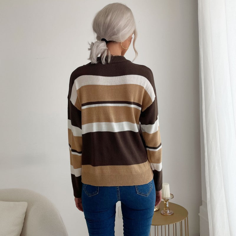 Damen modischer Strickpullover mit farbigem Streifenmuster und hohem Kragen Drune