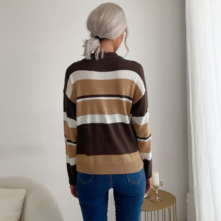 Damen modischer Strickpullover mit farbigem Streifenmuster und hohem Kragen Drune
