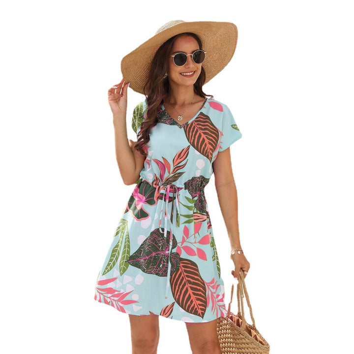 Damen Sommerliches Freizeitkleid mit floralem Muster und Taillengürtel Drune