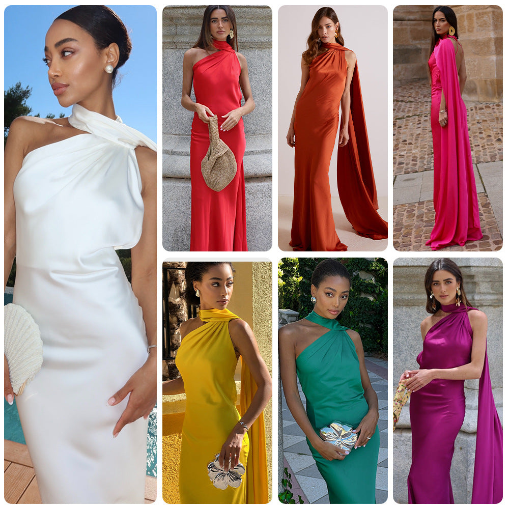 Damen Elegantes Abendkleid mit fließendem Design und schulterfreier Kapuze Drune
