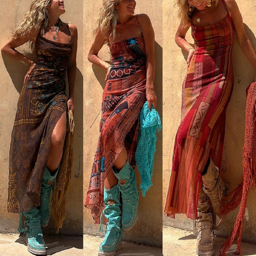 Damen Maxikleid mit asymmetrischem Ethno-Muster und schmalen Spaghettiträgern Drune