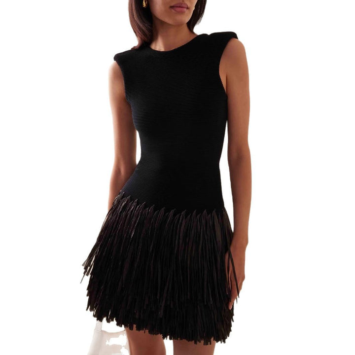 Damen Figurbetontes Mini-Kleid mit Fransen und Rundhalsausschnitt Drune