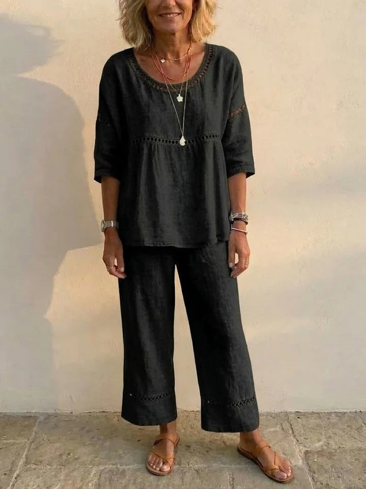 Damen Kompletter Loungewear-Anzug aus Leinen mit luftiger Passform und Spitzenakzenten Drune