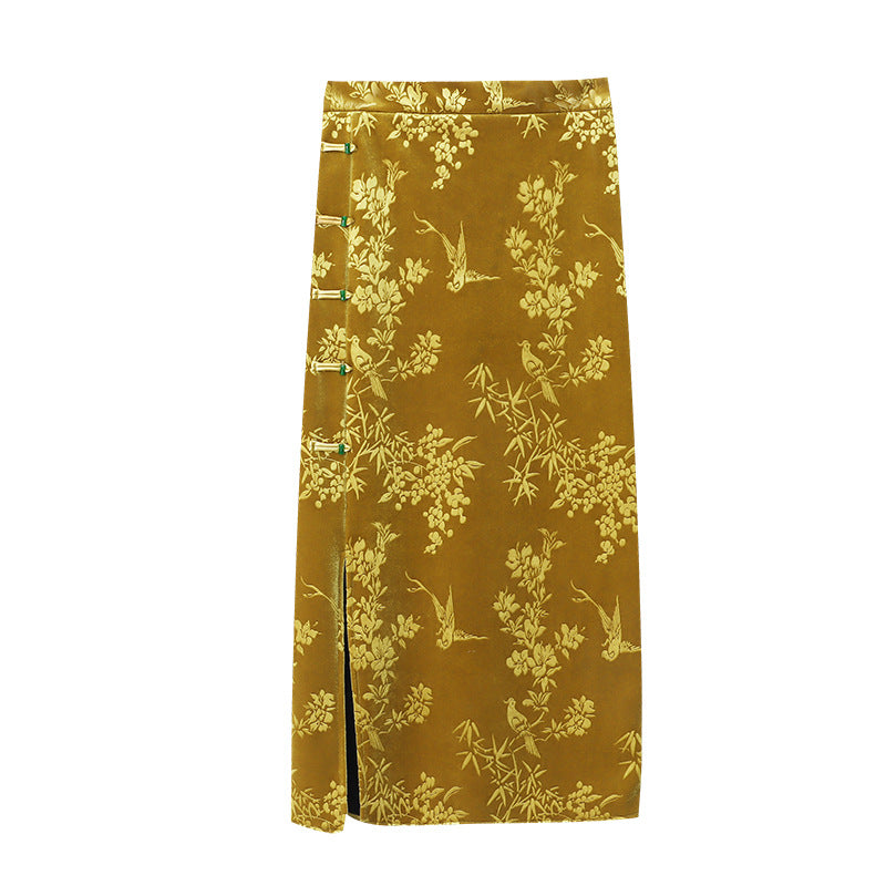 Damen Maxikleid mit floralem Samt-Design und elegantem Schlitz Drune