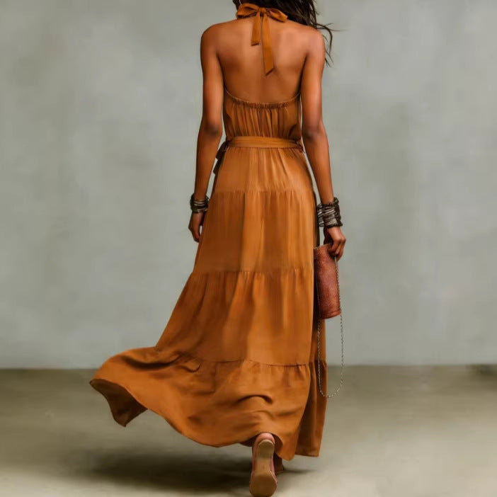 Damen Maxikleid mit tiefem Rückenausschnitt und Taillengürtel Drune